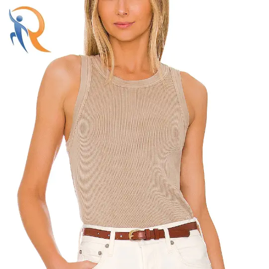 Sleeveless Round Neck Slim Fit Wide Strap Solid Color Rib Tank Top